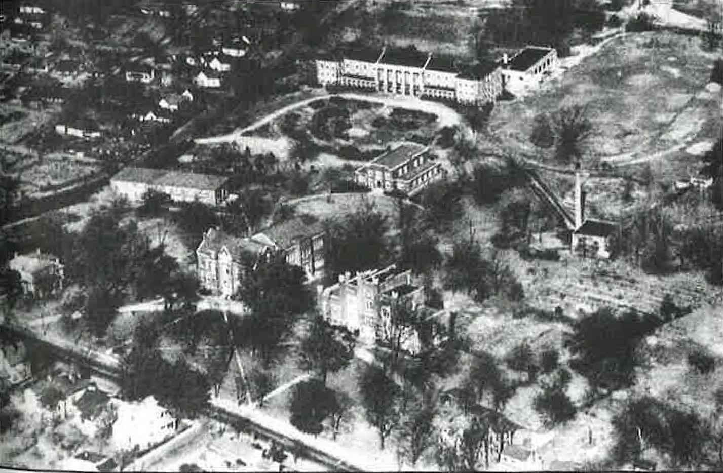 Harned Hall, pictured top middle, is the only building still standing from this aerial image circa 1935.